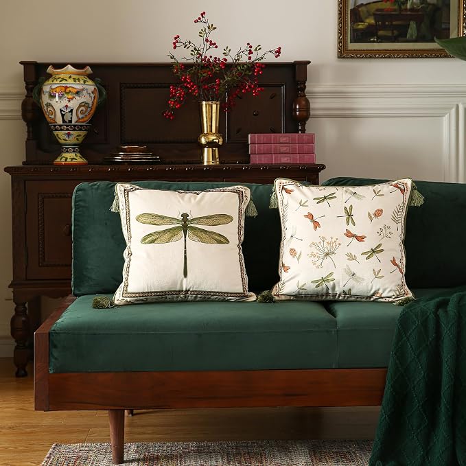 Designer Velvet Throw Pillow Covers,18"x18" Set of 2-Grace B | Pillow Cover,Concealed Zipper Design,Dragonfly Pattern,Sofas,Bedroom,Living Room,Lounge Chairs,All Season Home Decor