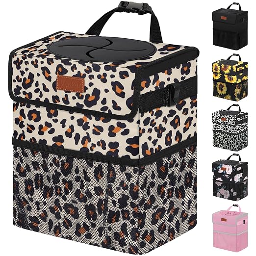 Vankor 3 Gallons Cute Car Trash Can, Car Accessories for Interior Leak Proof Can Trash Bag Hanging Waterproof Automotive Vehicle Garbage Cans Leopard Print Pattern