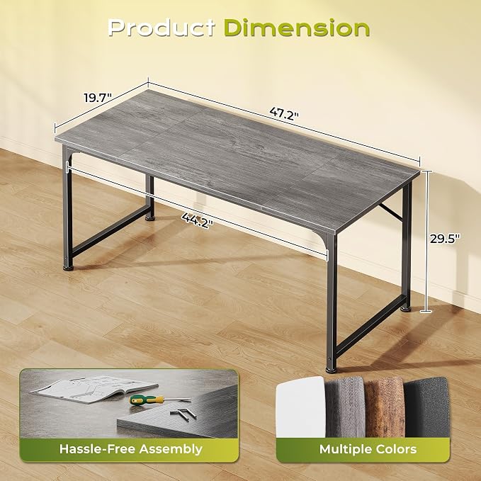 PRAISUN 47 Inch Computer Desk, Home Office Desk with Spacious Desktop, Grey | Modern Gaming Desk for Bedroom, Study, Work, Gaming & Writing, Large Legroom, Sturdy Metal Frame