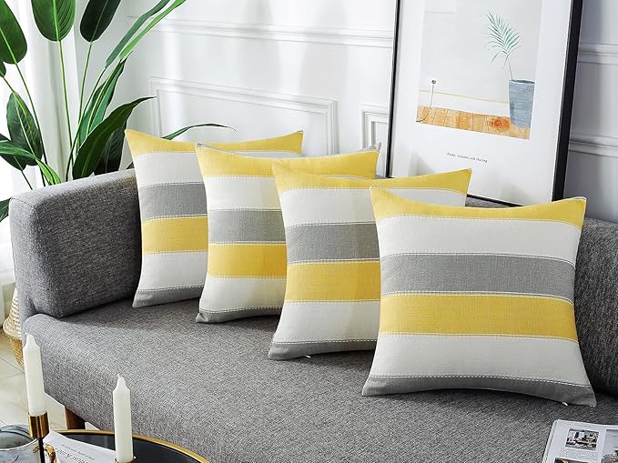 Pack of 2 Farmhouse Stripe Check Throw Pillow Covers Set Case Cotton Linen Decorative Pillowcases Cushion Cover for Couch Bench Sofa 20x20Inch Yellow Beige