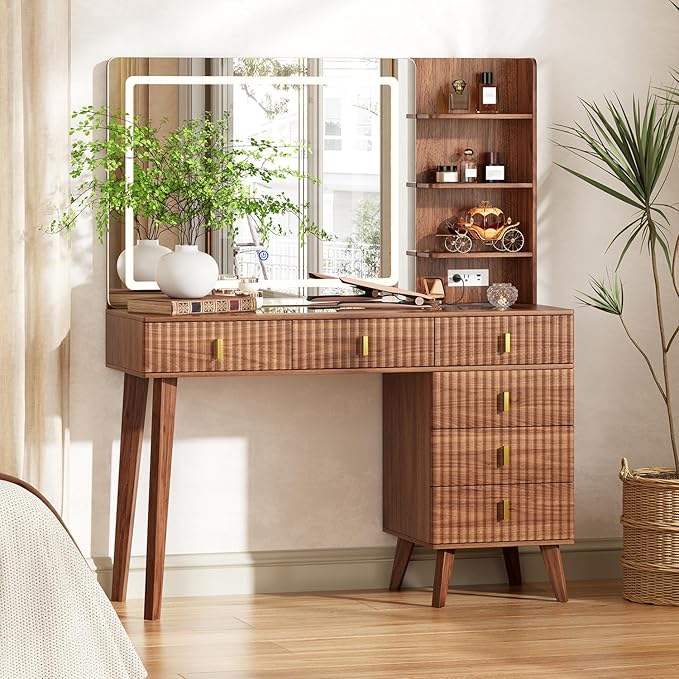 Large Makeup Vanity Desk with Mirror and Lights, Vanity Desk with 6 Drawers & Storage Shelves, Vanity Table with Power Outlet, 3 Color Modes & Adjustable Brightness Dressing Table, Bedroom,Walnut1