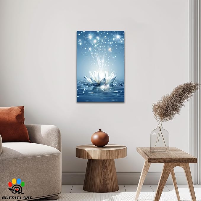 Zen White Lotus Flower Canvas Wall Art, Lotus Floral Pictures Wall Print, Spiritual Water Lily Canvas Prints,Lotus Bloom on Water Poster, Zen Meditation Spiritual Artwork for Yoga Spa Room 12x18 inch