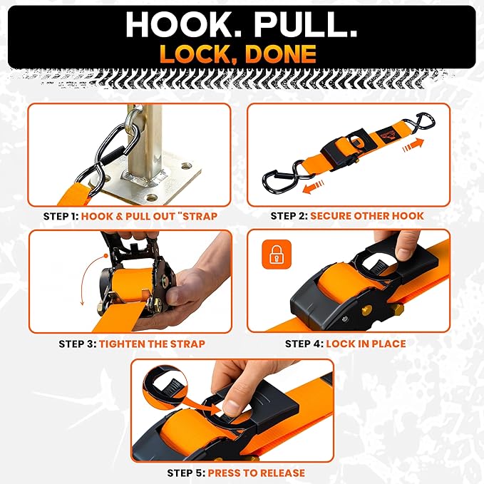RoofPax Premium 2'' x 10" Retractable Ratchet Straps 4 Pack 3000lbs Break Strength Heavy Duty Auto Self-Retracting Tie Down Straps for Trucks Secure Cargo Tie Downs with 6pcs Bungee Cords