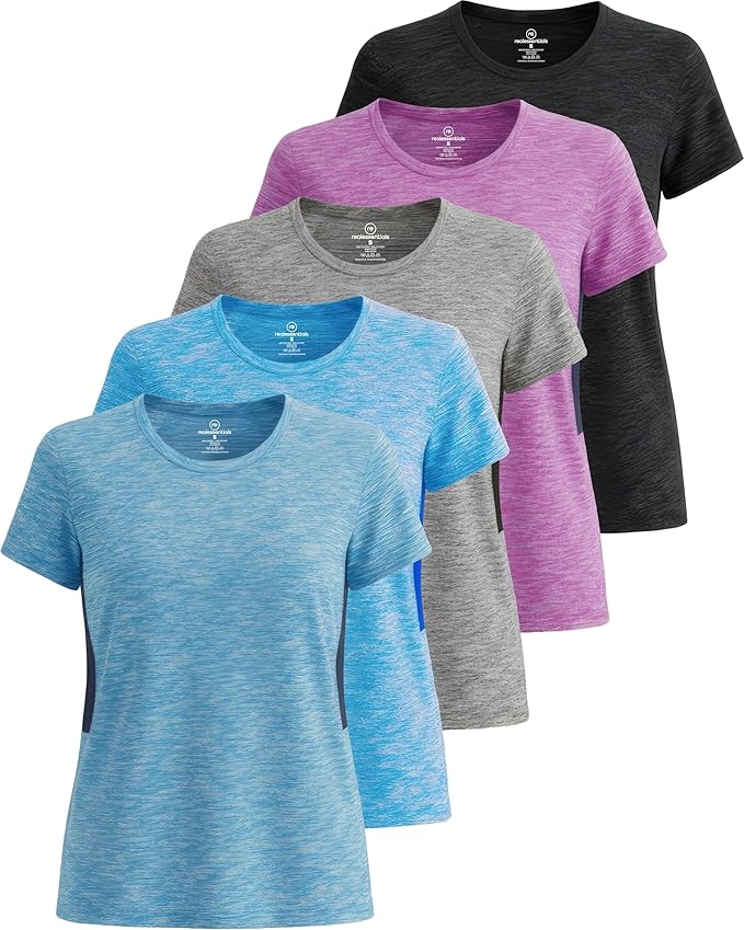 5 Pack Women's Dry Fit Short Sleeve Athletic Gym Workout Running Tops | Available in Plus Size, Exercise, Sports, Fitness, Quick Dry, Cooling, Moisture Wicking, Loose Basic Tees, Yoga, Pilates