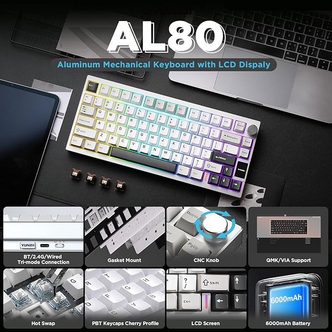 YUNZII AL80 75% Wireless Aluminum Mechanical Keyboard(Silver,Cocoa Cream) | QMK/VIA, Smart LCD Display and Knob, Hot Swap, Gasket Structure, BT/2.4G/USB-C, RGB Keyboard for Gaming/Win/Mac