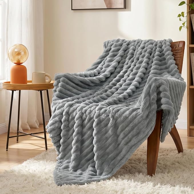 Gray Throw Blanket for Couch & Bed, 50 x 60 Inch | 300GSM Ribbed Fleece Blanket, Soft, Cozy & Lightweight, OEKO-TEX Certified, All-Season Use for Travel, Dorm & Home Decor