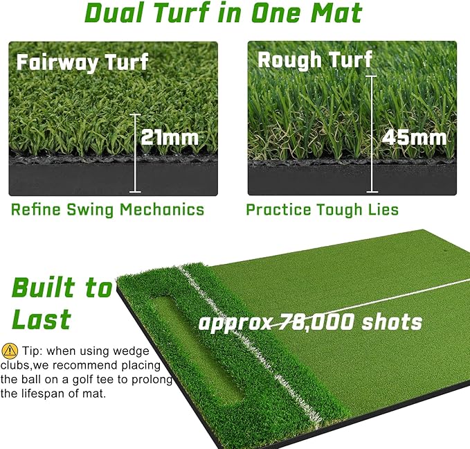Dual-Turf 45/50MM Golf Hitting Mat, Built-in Ball Tray, Alignment Aid, Golf Mat Practice Outdoor & Indoor, Driving Chipping Putting in Backyard Garage Basement, Gift for Men Dad Golfer