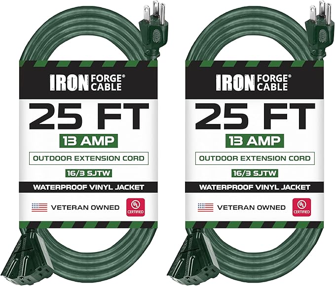 Iron Forge Cable 2 Pack 25ft Green Outdoor Extension Cord with 3 Outlets - 16/3 SJTW 25ft Extension Cord, 13 Amp All-Weather Heavy Duty Power Cable