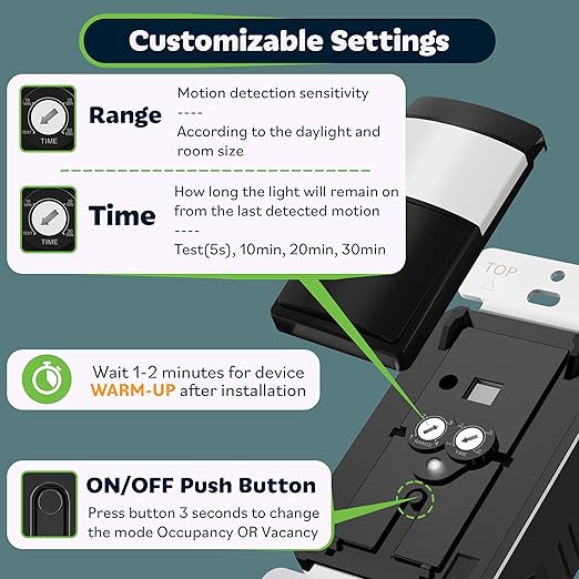 TOPGREENER PIR Motion Sensor Light Switch, Occupancy & Vacancy Motion Sensor Switch, 𝐎𝐩𝐞𝐫𝐚𝐛𝐥𝐞 𝐖𝐢𝐭𝐡𝐨𝐮𝐭 𝐆𝐫𝐨𝐮𝐧𝐝 𝐖𝐢𝐫𝐞, No Neutral Wire, Single Pole, TDOS5-HL-BK, Black