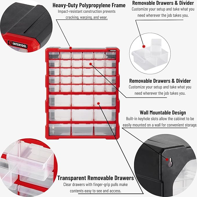 INTERTOOL Small Parts Organizer for Hardware & Screws | 39 Removable Bins with Dividers | Wall Mount or Desktop Craft & Lego Storage Cabinet | 19” x 15” x 7” BX08-4013