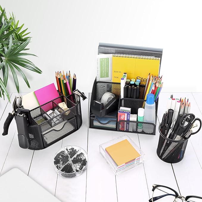 17 in 1 Black Desk Organizers and Accessories Set, 3 Office Desk Supplies Storage Organization, 4 Pens, Stapler, Staples & Remover, Tape & Dispenser, Scissors, Ruler, Clips, Hole Punch, Back to School