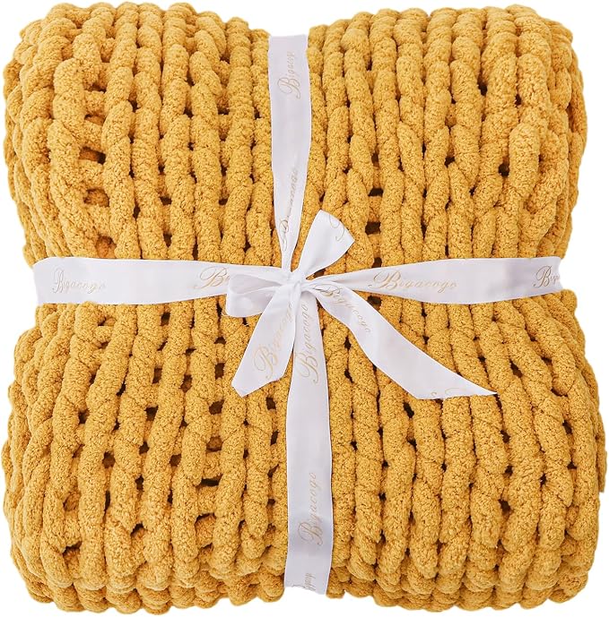 Bigacogo Chunky Knit Throw Blanket for Couch, 40x80 inches, Mustard Yellow | Hand Knit with Jumbo Chenille, Soft Breathable Cable Knit for Sofa Bed Living Room, Machine Washable, Gift for Mom Friend