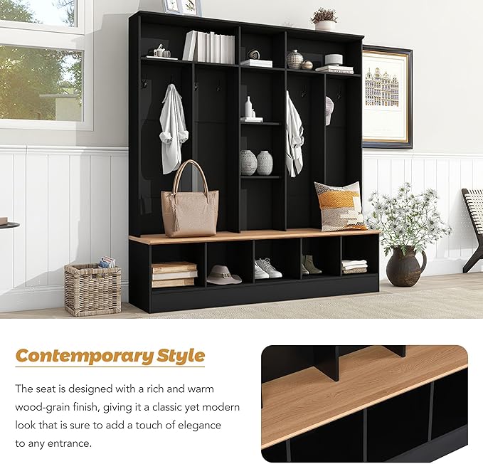 66.9" Wide Hall Tree with Storage Bench, Shoe Cabinet with Cube Storage & Shelves, Coat Rack with 8 Hooks for Entryways