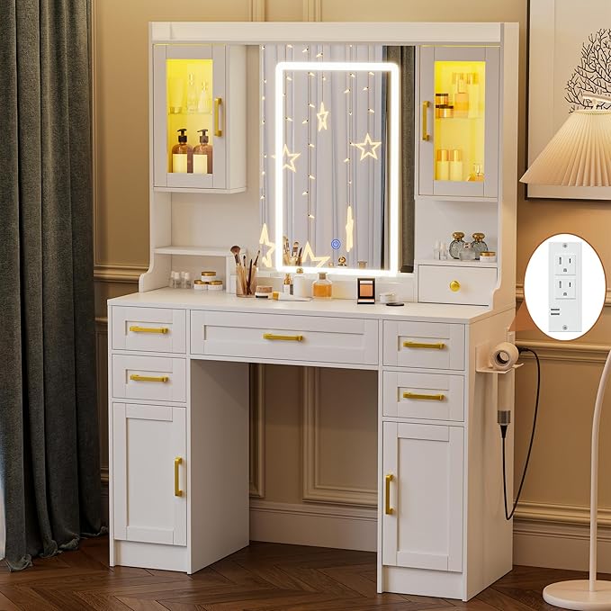 NUNU LAB Large White Vanity Desk with Mirror and Lights with 5 Drawers, Women Makeup Table with Power Outlet, 3-Color Adjustable Lighting for Bedroom Brown