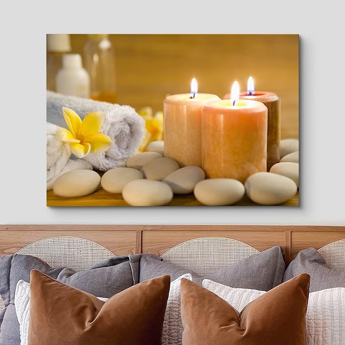 wall26 Canvas Print Wall Art Lit Spa Candle Trio with Stones & Yellow Blossoms Nature Wilderness Photography Realism Chic Scenic Relax/Calm Multicolor for Living Room, Bedroom, Office - 24"x36"