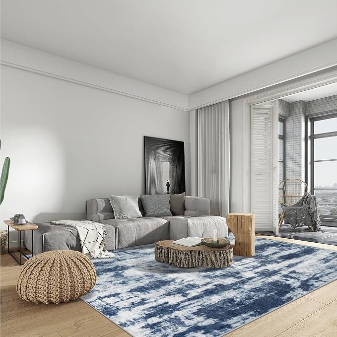10x14 Area Rugs Washable Rug: Modern Abstract Living Room Rug Soft Anti-Skid Thin Carpet Indoor Floor Non-Shedding Carpets for Bedroom Dining Room Farmhouse Nursery Home Office Blue Grey