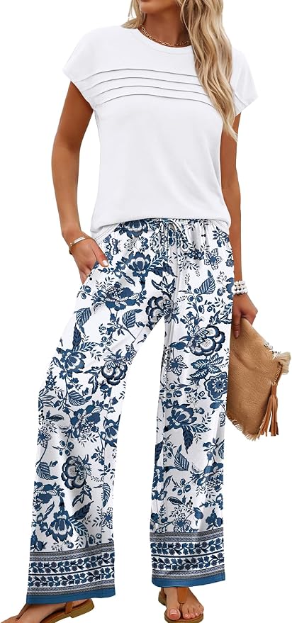 WIHOLL Two Piece Set for Women Summer Spring Outfits Matching Sets Women Clothing Airport Travel Vacation Wide Leg Pants