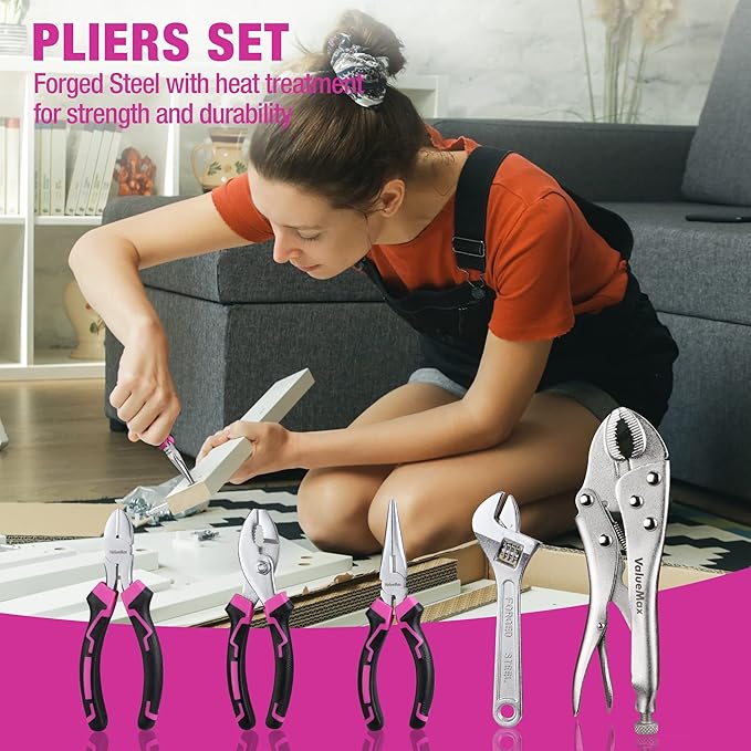 ValueMax Pink Tool Kit, 218-Pieces Home Repairing Tool Set, Household Tool Kit with Wide Mouth Open Storage Bag, Household Hand Tool Set for DIY, Gifts and Basic Home Maintenance