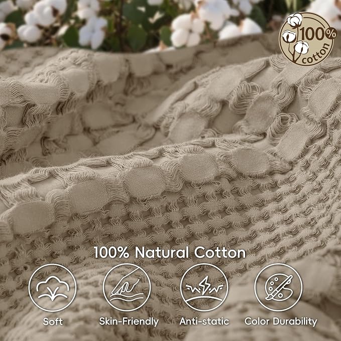 PHF 100% Cotton Waffle Weave Blanket Queen Size, Lightweight Breathable Summer Blanket for Hot Sleepers, Pre-Washed Soft Layer for Bed, Couch, Aesthetic Home Decor & Gift, 90"x90", Taupe