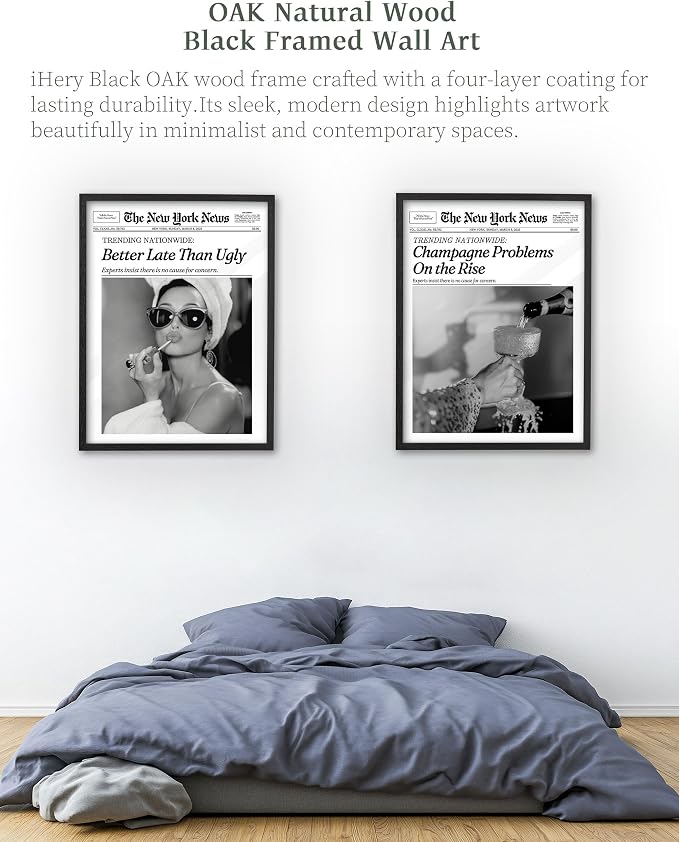 iHery 16x20in Audrey Hepburn Better Late Than Ugly Framed Bathroom Art | Premium Black Natural OAK Wood Frame with Canvas Print, Vintage Fashion Wall Decor for Bedroom, Apartment Girl Dorm, 1Pack