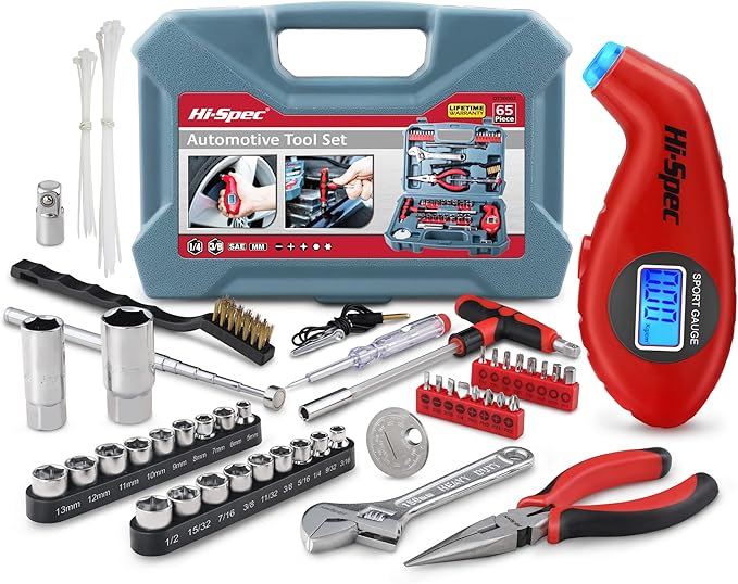 Hi-Spec 65pc Compact Auto Garage Tool Kit Set with Digital Tire Pressure Gauge. Essential Car Vehicle Repair Tools in a Toolbox Case of Screwdrivers, Sockets, Wrench and Magnetic Pickup