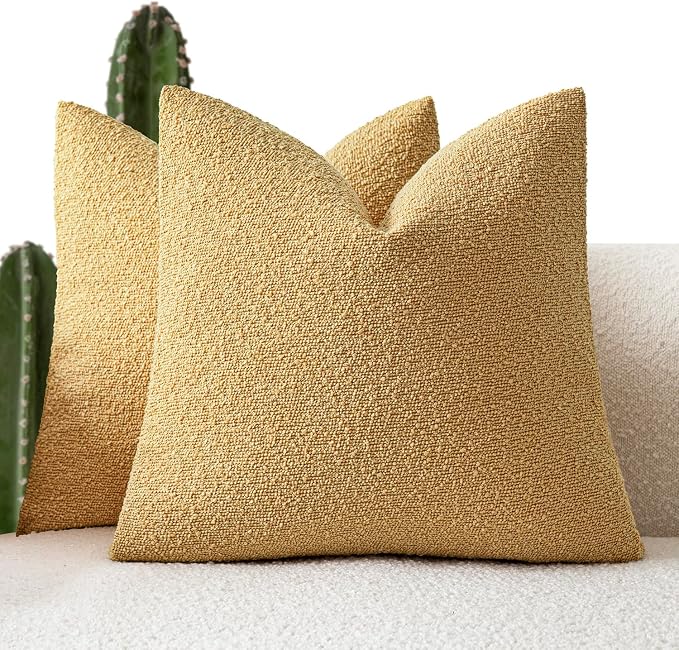 Foindtower Pack of 2 Textured Boucle Throw Pillow Covers Accent Solid Pillow Cases Cozy Soft Decorative Couch Cushion Case for Chair Sofa Bedroom Living Room Home Decor 20x20 Inch Light Yellow