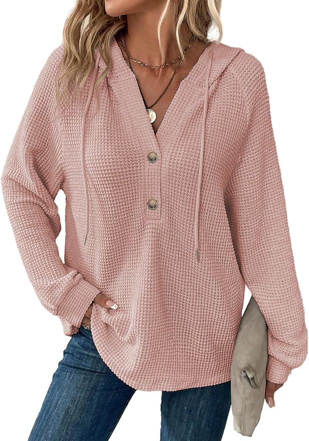 Dokotoo Hoodies for Women Waffle Knit Long Sleeve Drawstring Button V Neck Casual Sweatshirt Hooded Tops Fashion Clothing