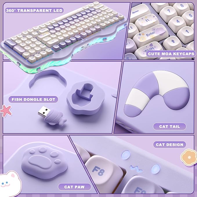 YUNZII C98 Cute Cake Wireless Mechanical Keyboard (Purple, Candy Switch) | 99 Keys with Number Pad, Hot Swap, PBT MOA Keycaps, BT5.0/2.4G/USB-C, Gasket Mount, Custom RGB Backlit for Win/Mac