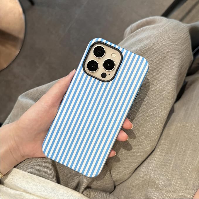 for iPhone 14 Pro Case Striped Cute Aesthetics Phone Case Trendy Protective Shockproof Cover for iPhone 14 Pro Blue White