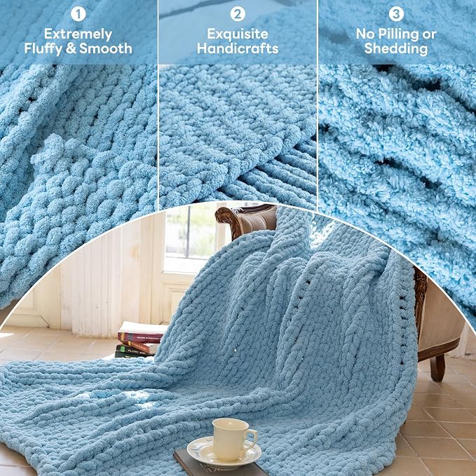 Chunky Knit Blanket - Luxury Soft Cozy 40 * 50 Throw Blanket,100% Woven Blanket Rope Knot Throw Blanket for Couch, Sofa, Home Decor, Gift - Machine Washable（Light Blue）