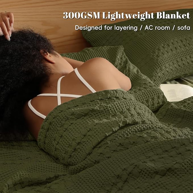 PHF 100% Cotton Waffle Blanket Twin Size, Lightweight Breathable Summer Blanket for Hot Sleepers, Pre-Washed Soft Layer for Bed, Dorm, Couch & Guest Room, Home Decor Gift, 66"x90", Capulet Olive