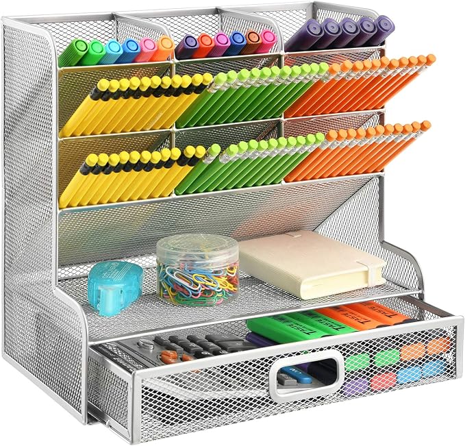 Marbrasse Larger Mesh Desk Organizer with Drawer, Multi-Functional Pen Pencil Holder, Desk Organizers and Accessories for Office Art Supplies (Silver Mesh Pen Holder with Drawer)