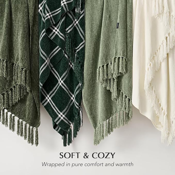 Chenille Knit Throw Blanket for Couch, 50"x60", Olive Green | Cozy Plush Fuzzy Knittd Throw with Tassels, Lightweight, Decorative, Farmhouse Decor, Ideal for Bed Sofa Gift, All Seasons
