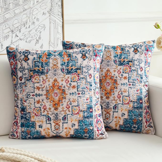 Boho Throw Pillow Covers 26x26 inch Set of 2,Boho Vintage Carpet Pattern Antique Ethnic Decor Double Sided Pattern Cushion Cover Soft Pillow Case Living Sofa Room Bed Square Pillow Cover