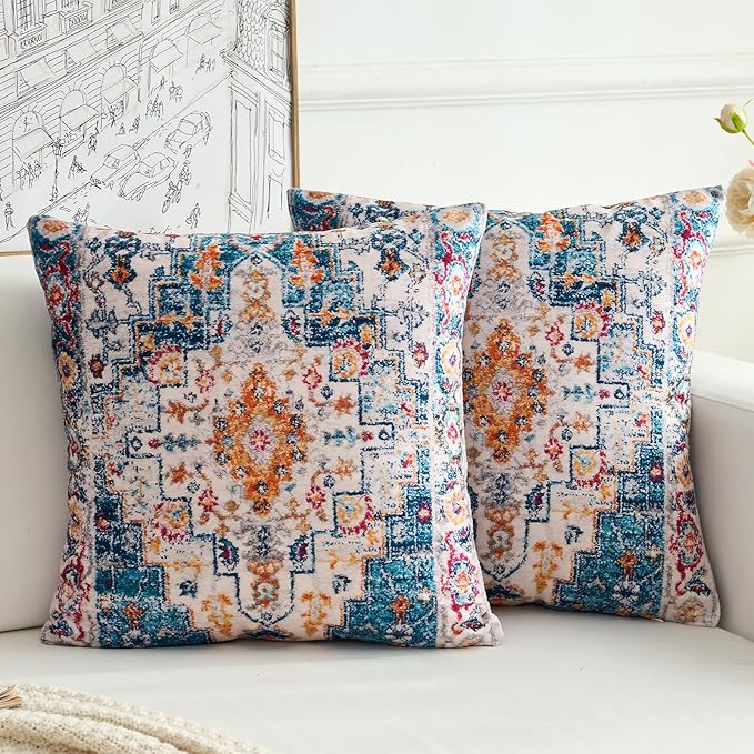Boho Throw Pillow Covers 22x22 inch Set of 2,Boho Vintage Carpet Pattern Antique Ethnic Decor Double Sided Pattern Cushion Cover Soft Pillow Case Living Sofa Room Bed Square Pillow Cover
