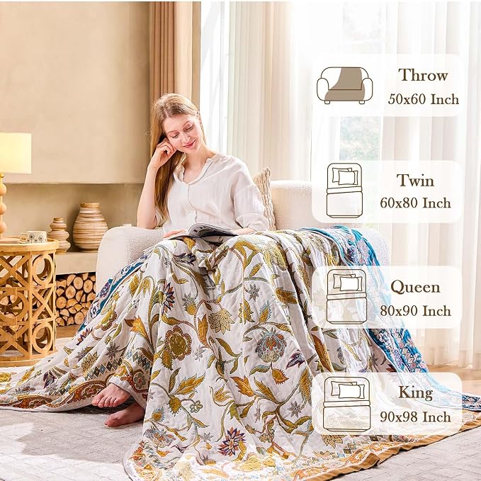 XIBLC Fall Throw Blanket for Couch, Brown Boho Decorative Throw Blanket, 100% Cotton Muslin Breathable Woven Farmhouse Blankets Quilt, 60"x80" Reversible Lightweight Blankets Bohemian Throw Quilt
