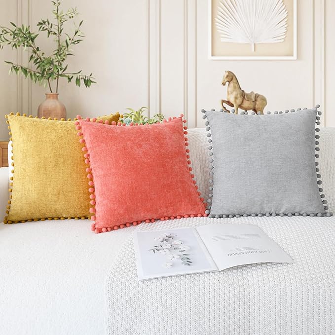 CaliTime Decorative Couch Throw Pillow Covers 20 X 20 Inches Moonbeam Gray | Pack of 2, Cozy Chenille Cushion Cases, with Pom Poms for Sofa Bed Living Room Farmhouse Home