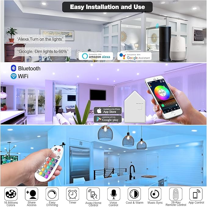 Smart Can Light 6 Inch, Multicolorred, Dimmeble, 2700K-6500K CCT Selectable, RGB Remote LED Recessed Lighting 4 Pack, WiFi & Bluetooth LED Downlight, Compatible with Alexa Google Home