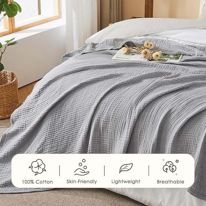 EMME Cotton Muslin Twin Blanket Breathable Gauze Soft Lightweight Blankets Adults Gifts for Women (Heather Grey, 60"x80")