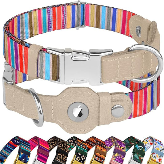AirTag Dog Collar for Small Medium Large Breed - Adjustable Cute Pattern Dog Collar with Airtag Holder - Soft Leather Tracker GPS Apple Air Tag Pet Collars (Medium, 14"-18" Neck Fit, Serape)