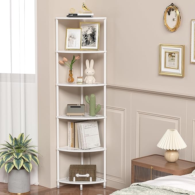 6 Tier Corner Shelf Stand, 54.4" Kitchen Shelf Organizer with Metal Frame, Small Corner Shelf for Organization & Storage, Marble White Corner Shelf for Kitchen Decor Accessories