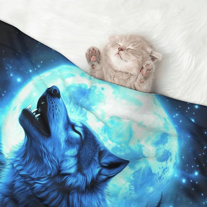Wolf Blanket for Pet - Animal Throw Blanket 30x20 Moon Night Couch Blankets for Puppy Dogs Cats
