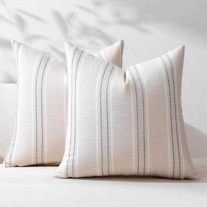 Hckot Grey Decorative Throw Pillow Covers 16x16 Set of 2 Boho Pillow Covers | Striped Farmhouse Pillows Textured Linen Square Cushion Covers for Sofa Couch Bed Living Room Decor(Light Grey)