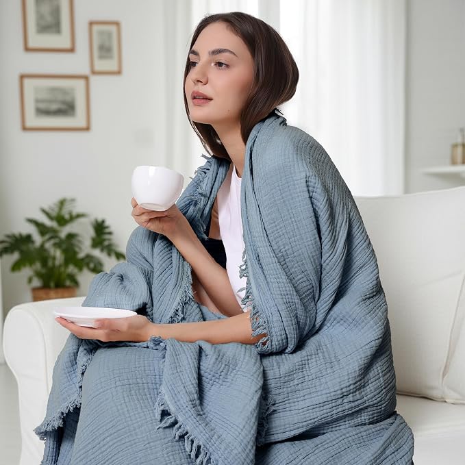 WDCOZY 100% Cotton Muslin Blanket Queen Size 4-Layer for Bed Breathable Lightweight Soft Large Boho Farmhouse Linen Tassels Ruffle Gauze Blankets All Season for Adults 90x90 Inches Dusty Blue