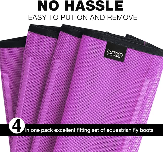 Harrison Howard Loose Fitting Fly Boots UV-Protective Extra Tough Mesh Ventilated Four Fasteners Stay-on Design Protect Horse Legs & Stomp-Reducing Set of 4 Purple Yearling
