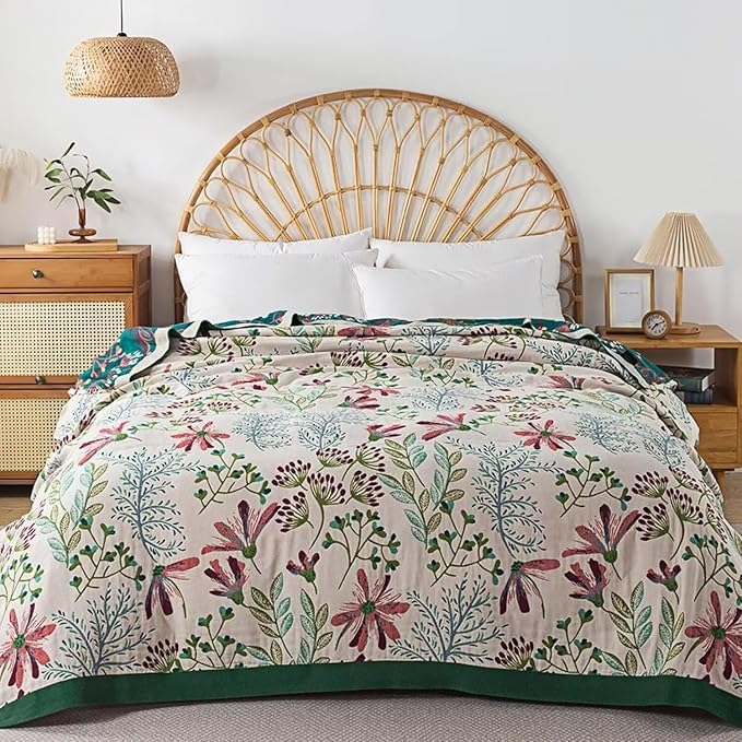 Boho Throw Blanket for Bed 100% Cotton Bohemian Blankets Ultra Soft Woven Muslin Decorative Blankets All Seasons Vintage Quilt Knitted Blanket for Sofa Chair(Green, 90"x98")