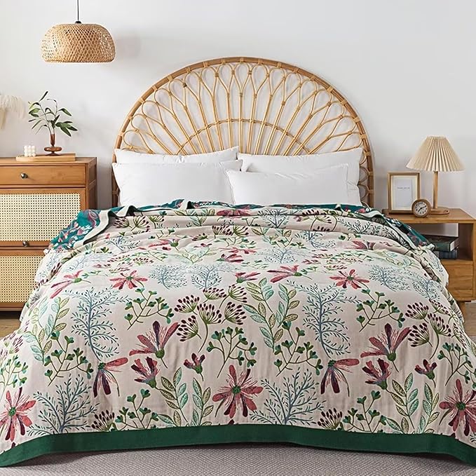 Boho Throw Blanket for Bed 100% Cotton Bohemian Blankets Ultra Soft Woven Muslin Decorative Blankets All Seasons Vintage Quilt Knitted Blanket for Sofa Chair(Green, 60"x80")