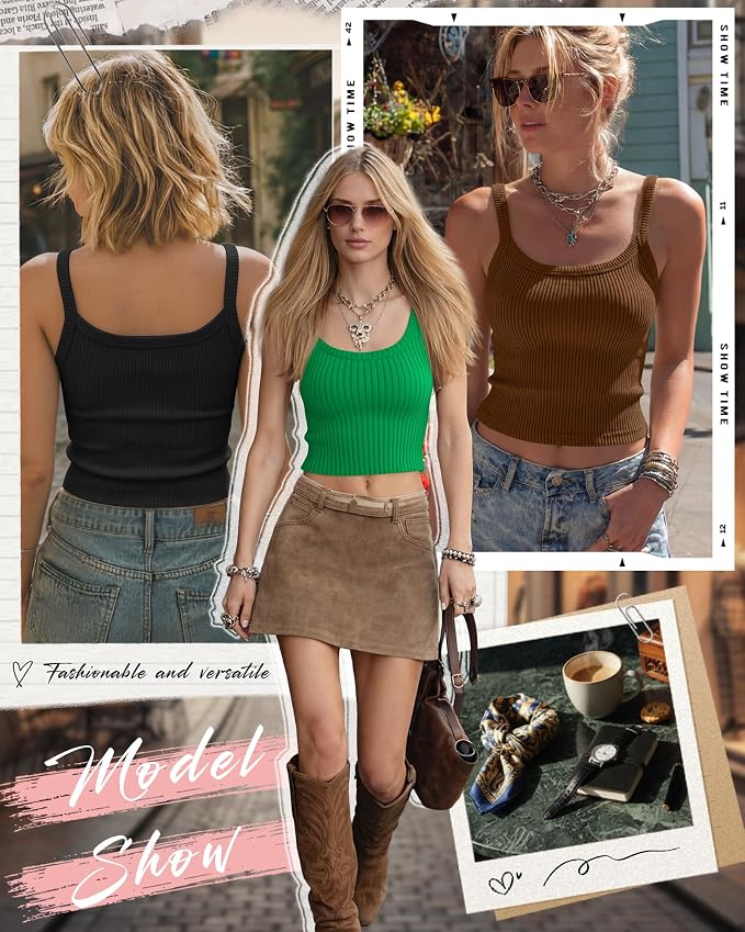 Ficerd 3 Pack Women's Tank Tops 95% Cotton Spaghetti Strap Ribbed Crop Camisole Slim Fitted Basic Summer Sleeveless Layer