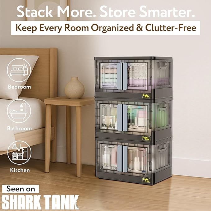 Quik Box - 8.5 Gallon 3-Pack Stackable Storage Bins with Doors & Wheels - Collapsible Organizer for Dorms, Bedroom & Home - Durable Polystyrene - Black