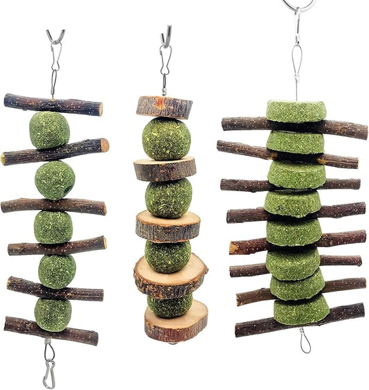 3 Pcs Bunny Chew Toys, Rabbit Chew Toys for Teeth Grinding, Natural Organic Apple Wood Stick for Improve Rabbits Guinea Pigs Hamsters Dental Health